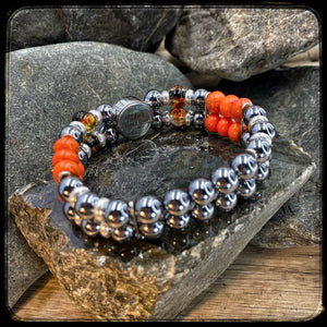 8mm terahertz, magnesite and glass beaded bracelet, 925 silver. DAYTONA
