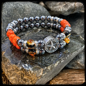 8mm terahertz, magnesite and glass beaded bracelet, 925 silver. DAYTONA