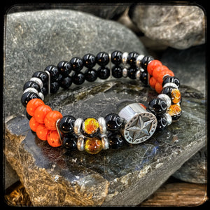 Double bead bracelet 8mm black onyx, magnesite and phosphorescent glass, 925 silver. MILWAUKEE