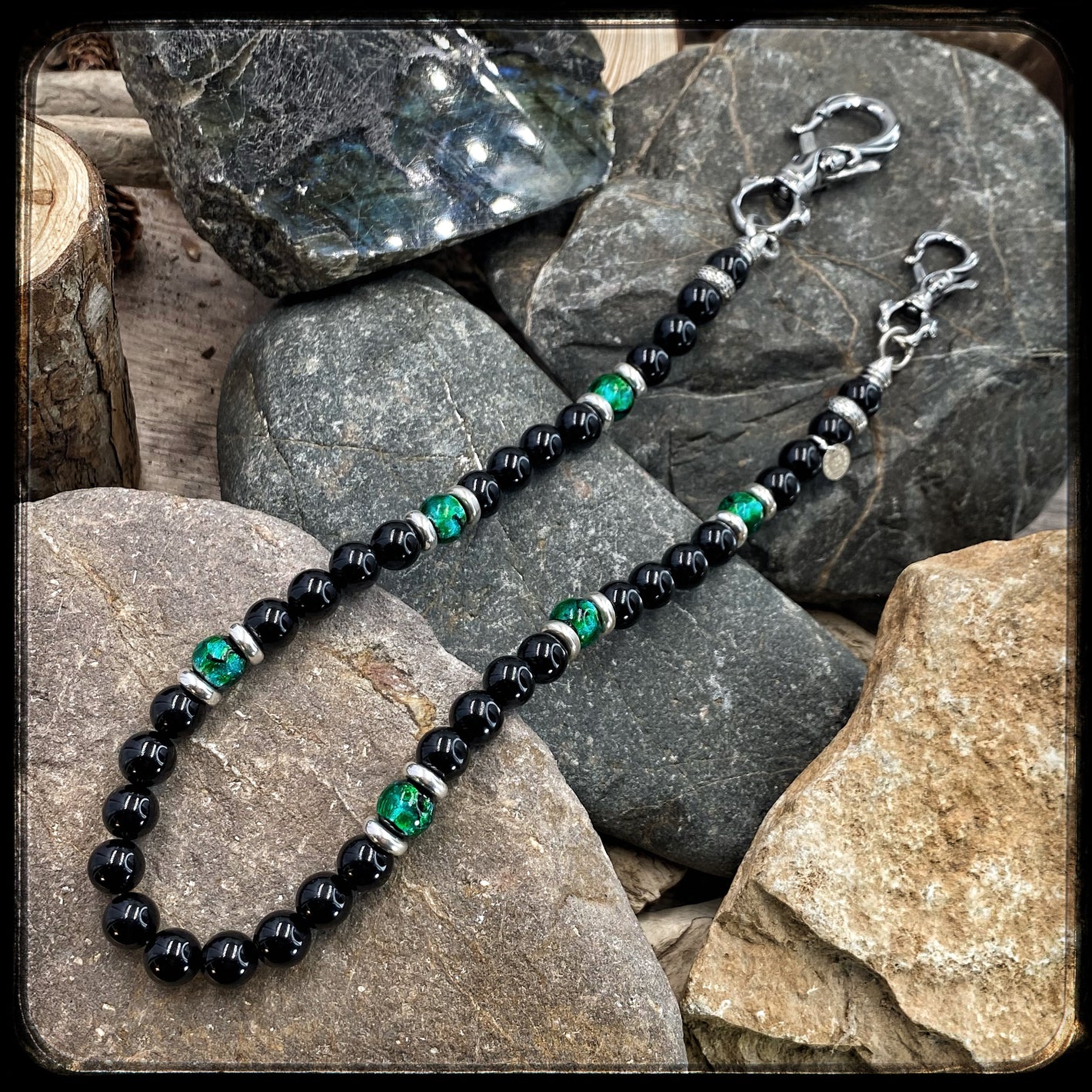 Chaîne de portefeuille en perles 10mm, onyx et verre, argent 925. NOVA