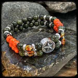 Bracelet made of 8mm beads, serpentine, magnesite and glass, 925 silver. PLATOON